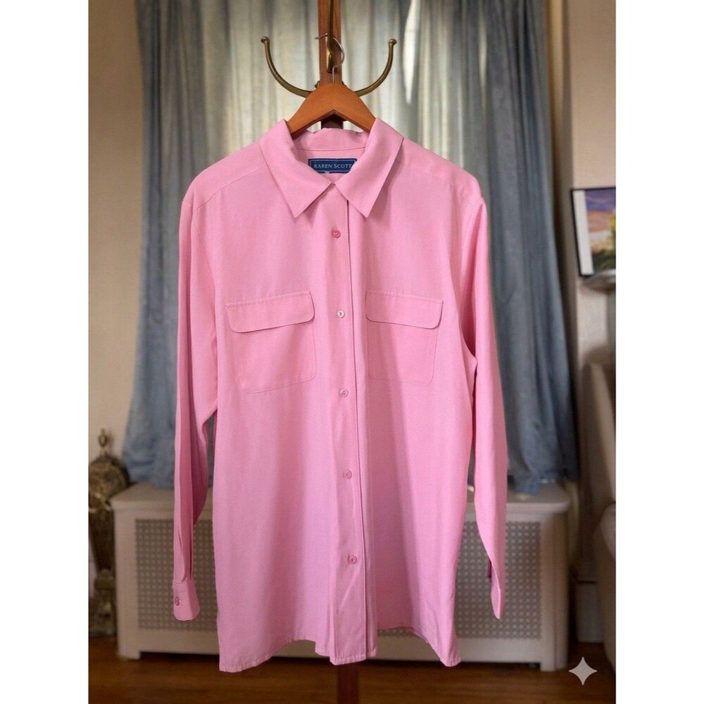 Karen Scott Pink Button Down Shirt Women Long Sleeve Double Pocket Blouse Size L